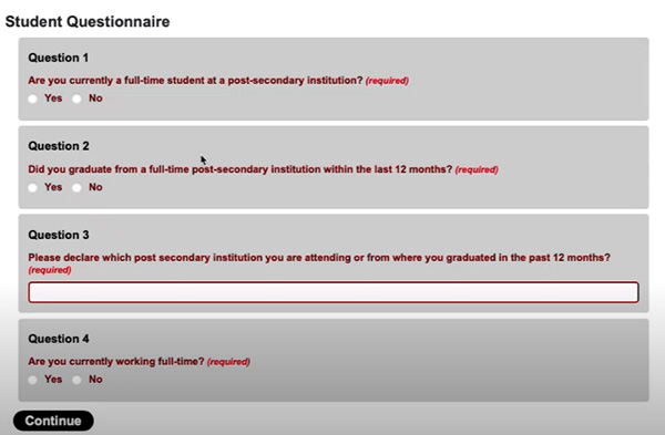 Student Questionnaire Screenshot