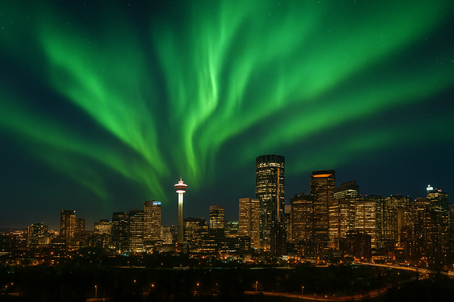 Northern Lights Above Calgary at Night